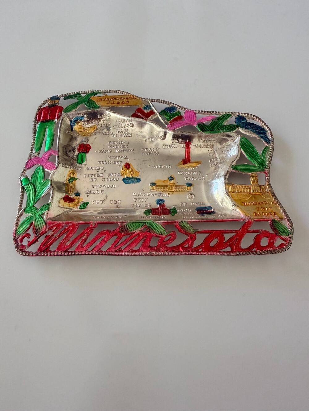 Minnesota State Souvenir Tray Ashtray MCM Hand Painted Metal Made In Japan